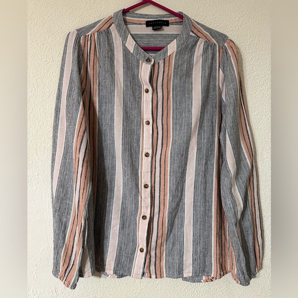 Sanctuary Top Women Gray/Orange Linen Blend Long Sleeve Button Up Size Large